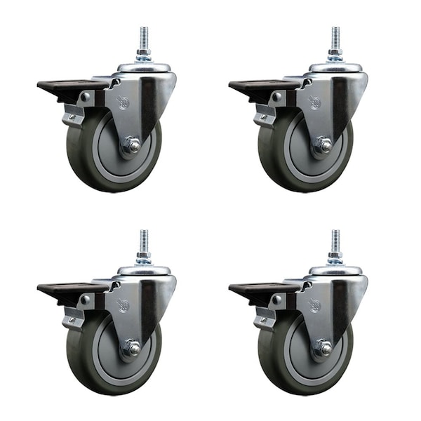 4 Inch Gray Polyurethane 12 MM Threaded Stem Caster Set with Brake